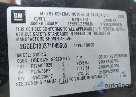 2007 Chevrolet Silverado 1500 Ltz from USA, damaged, VIN 2GCEC13J371649605